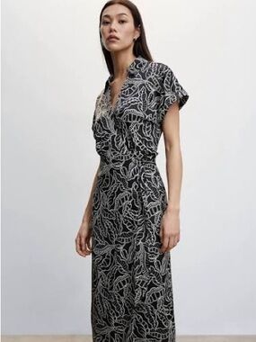 Mango Black and Cream Leaf-Print Maxi Dress